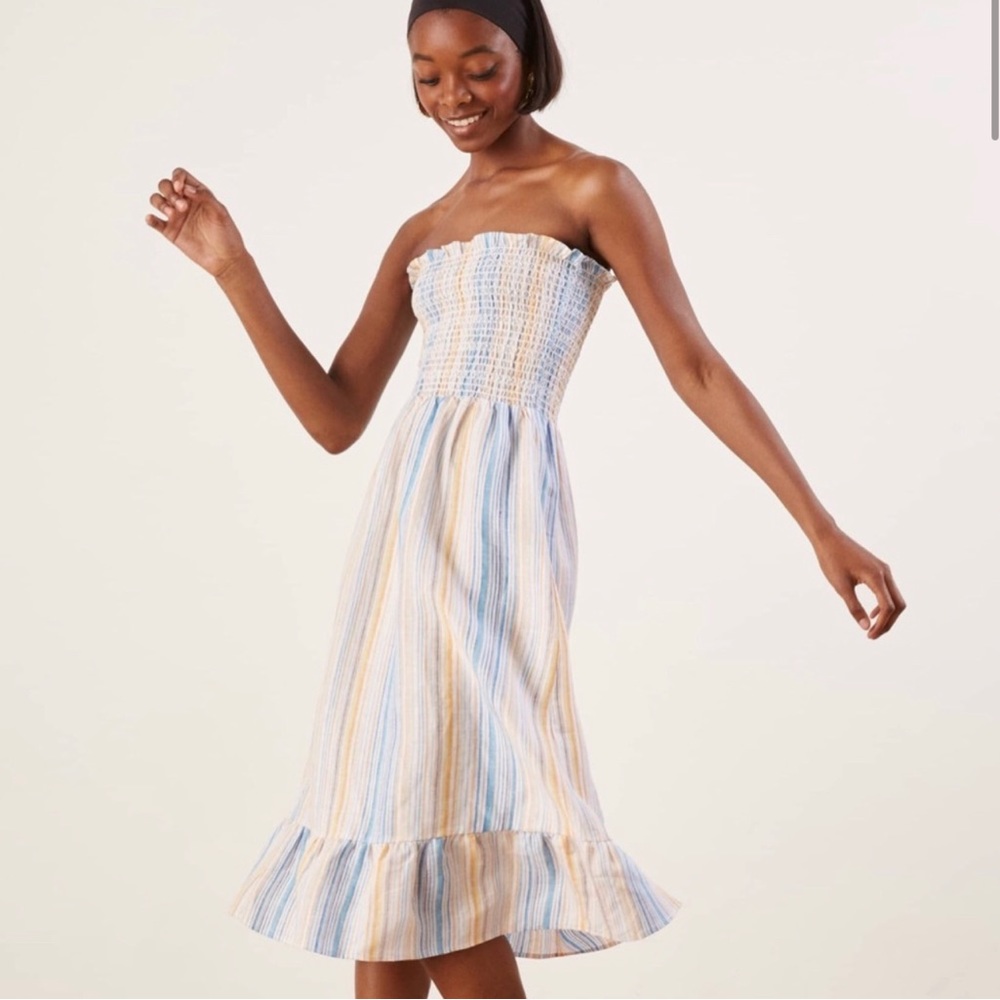 REFORMATION Bermuda Striped Strapless Linen Dress